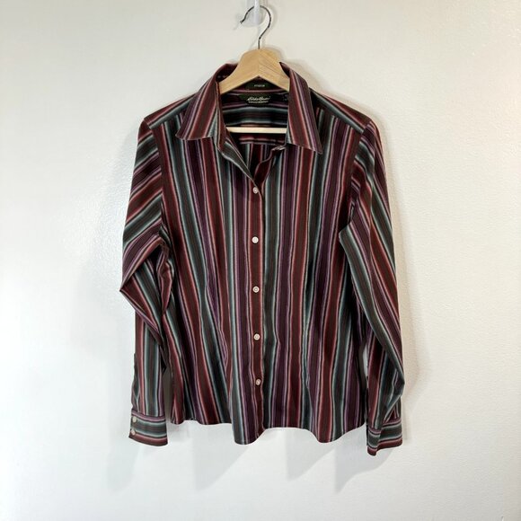 Eddie Bauer Shirt Wrinkle Resistant Size L Striped Red Green Button Front - Picture 1 of 10